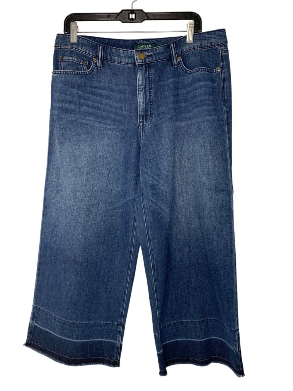 Lauren Ralph Lauren Womens Wide Leg Crop Jeans Size 12 Raw Hem Blue Denim EUC - Picture 2 of 7